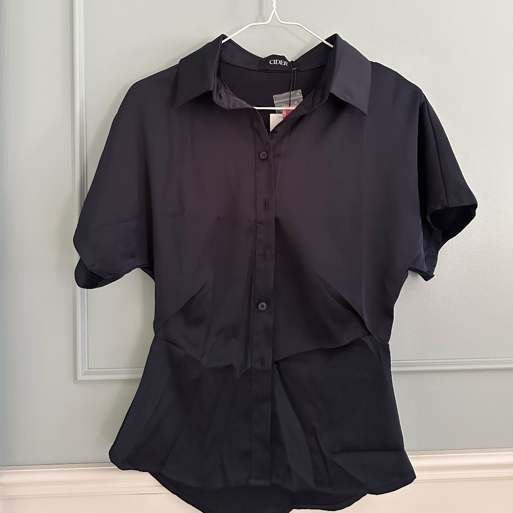 CIDER Satin Polo Button Up Cinched Waist Shirt